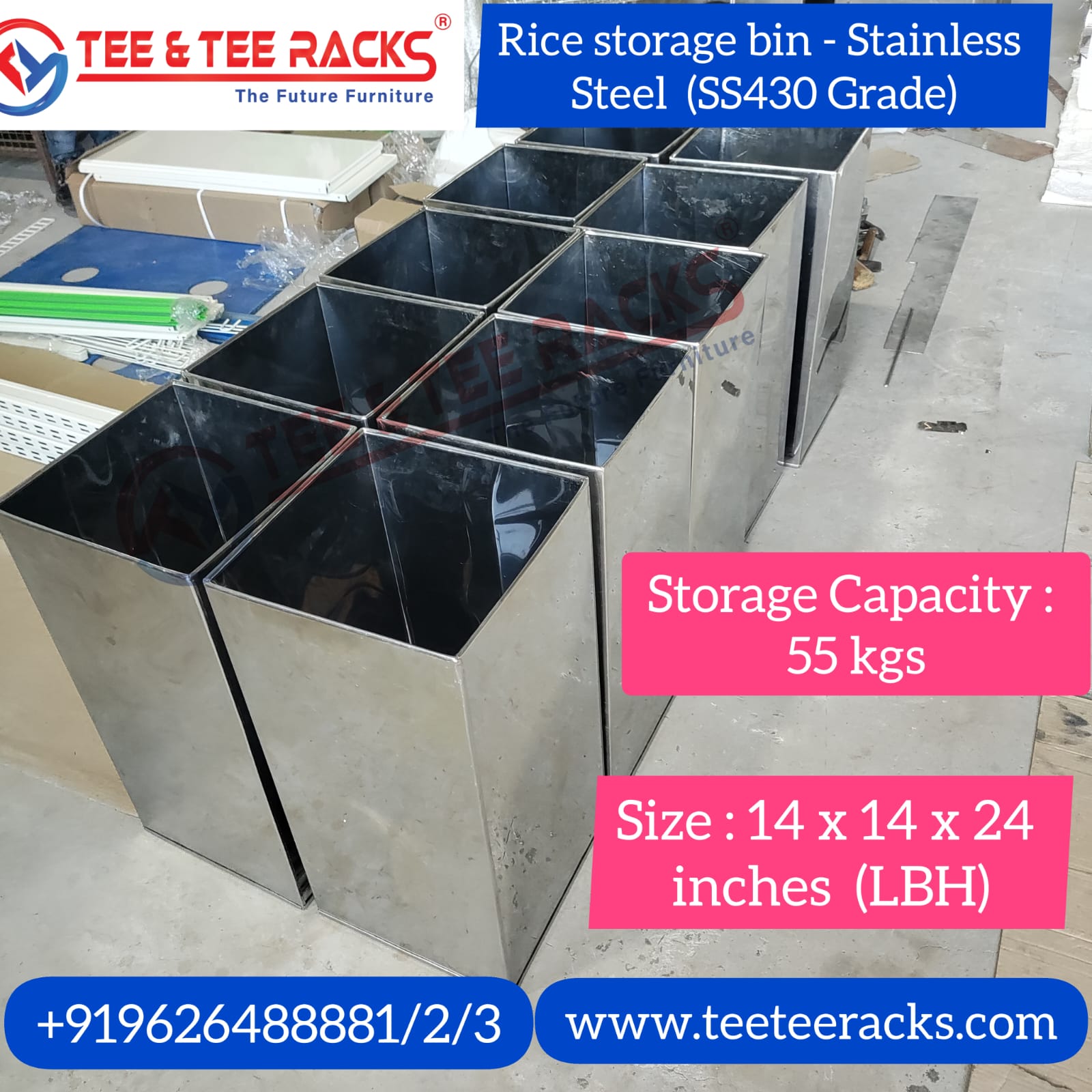 Rice Stainless Steel Storage Bin - 55 Kg Capacity