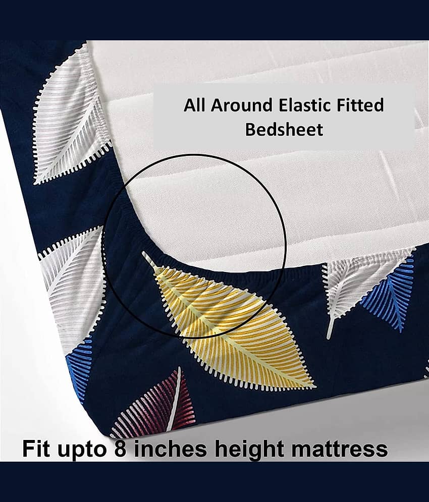 YKNIP Cotton Floral Fitted 1 Bedsheet with 2 Pillow Covers ( King Size ) - Navy Blue view 2