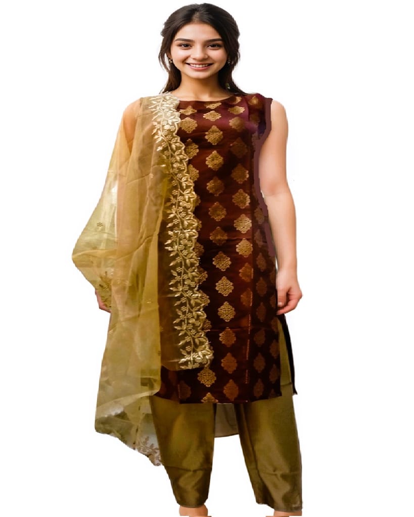 MyCOST Zari Weave Jacquard Festival wear Kurta Pant Dupatta Set, Sleeves attached view 2