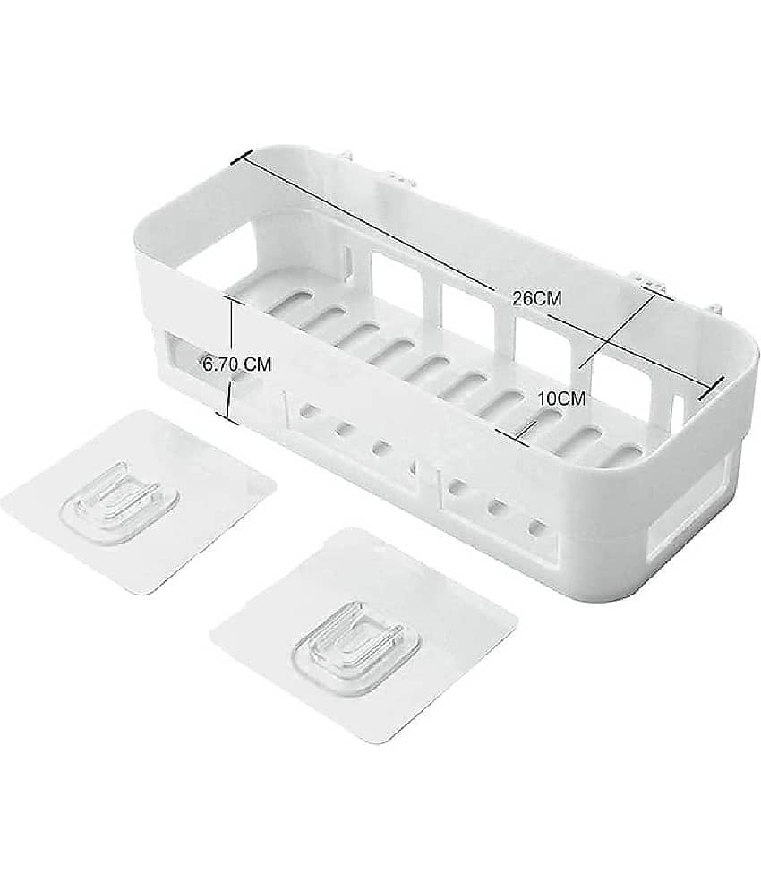 BLUE HOME AND KITCHEN Plastic Self Adhesive Wall Mounted Rectangular Bathroom Shelf Storage Organizer White view 2