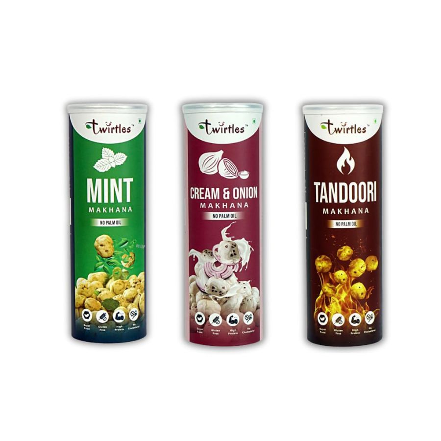 Twirtles Makhana Pack of 3 - Mint, Tandoori, Himalayan Salt (3 x 75g) Rich in Fiber and Protein - 225 gm - Three individual packs