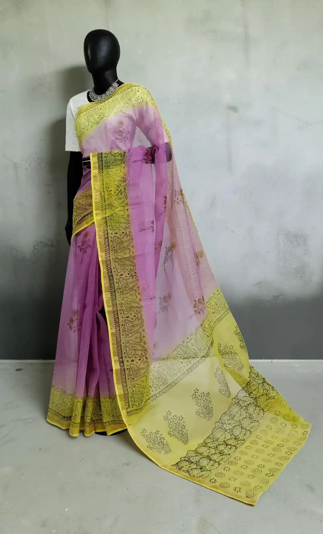 Kota Doria Cotton-Silk Saree, Block Print with Bright Yellow Border view 2