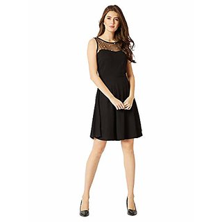 Miss Chase Womens Black Round Neck Sleeveless Cotton Solid Sheer and Pearl Detailing Mini Skater Dress view 2