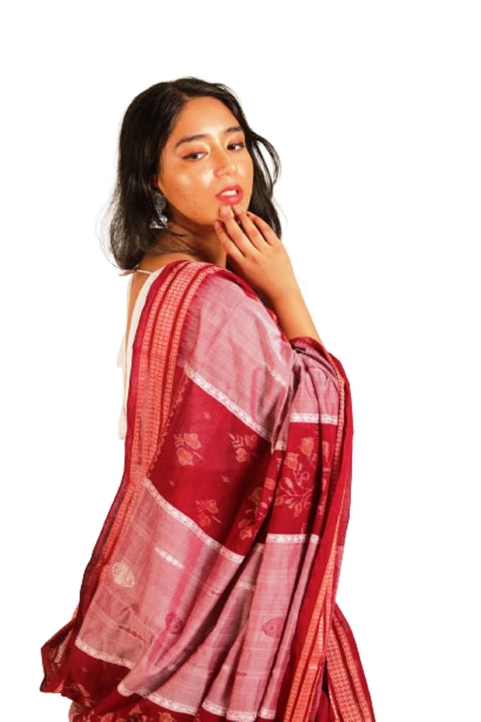 GHL Guendicha haat Sambalpuri Handloom Certified Pure Cotton Bandha Design Saree With Blouse Piece(Red Maroon,6.3 mtr) view 2
