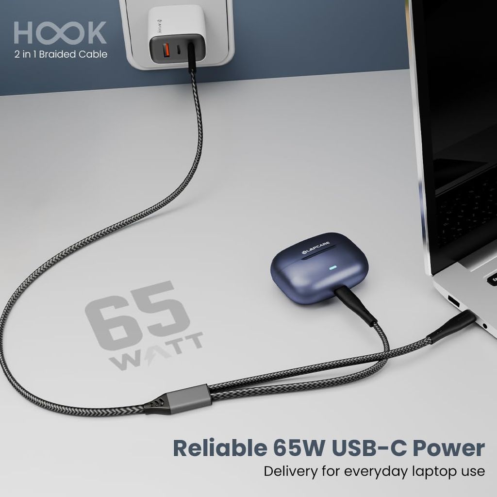 LAPCARE HOOK 2-in-1 USB-C to C Combo Fast Charging Cable 65W | 1.2m Nylon Braided | PD Fast Charge & Data Sync | Compatible with Laptop, iPad, iPhone, Samsung & Other Type C Devices view 2