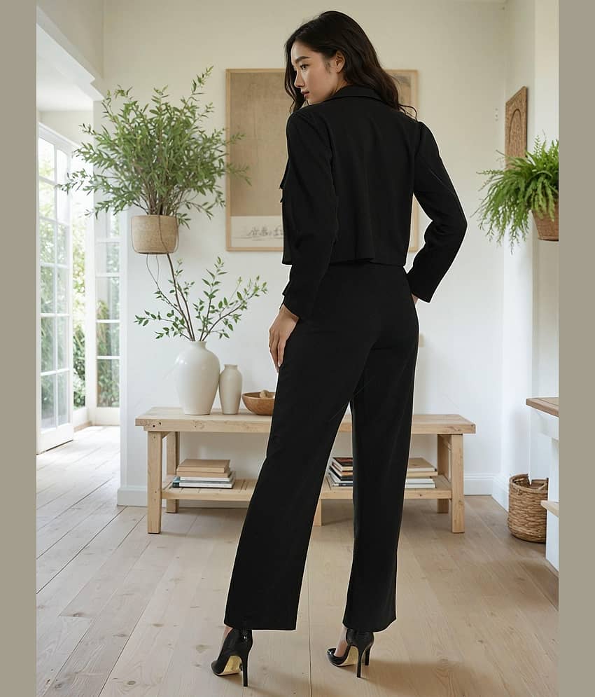 kotty Women Solid Blazer With Trousers Co-Ord Set ( Black ) view 2