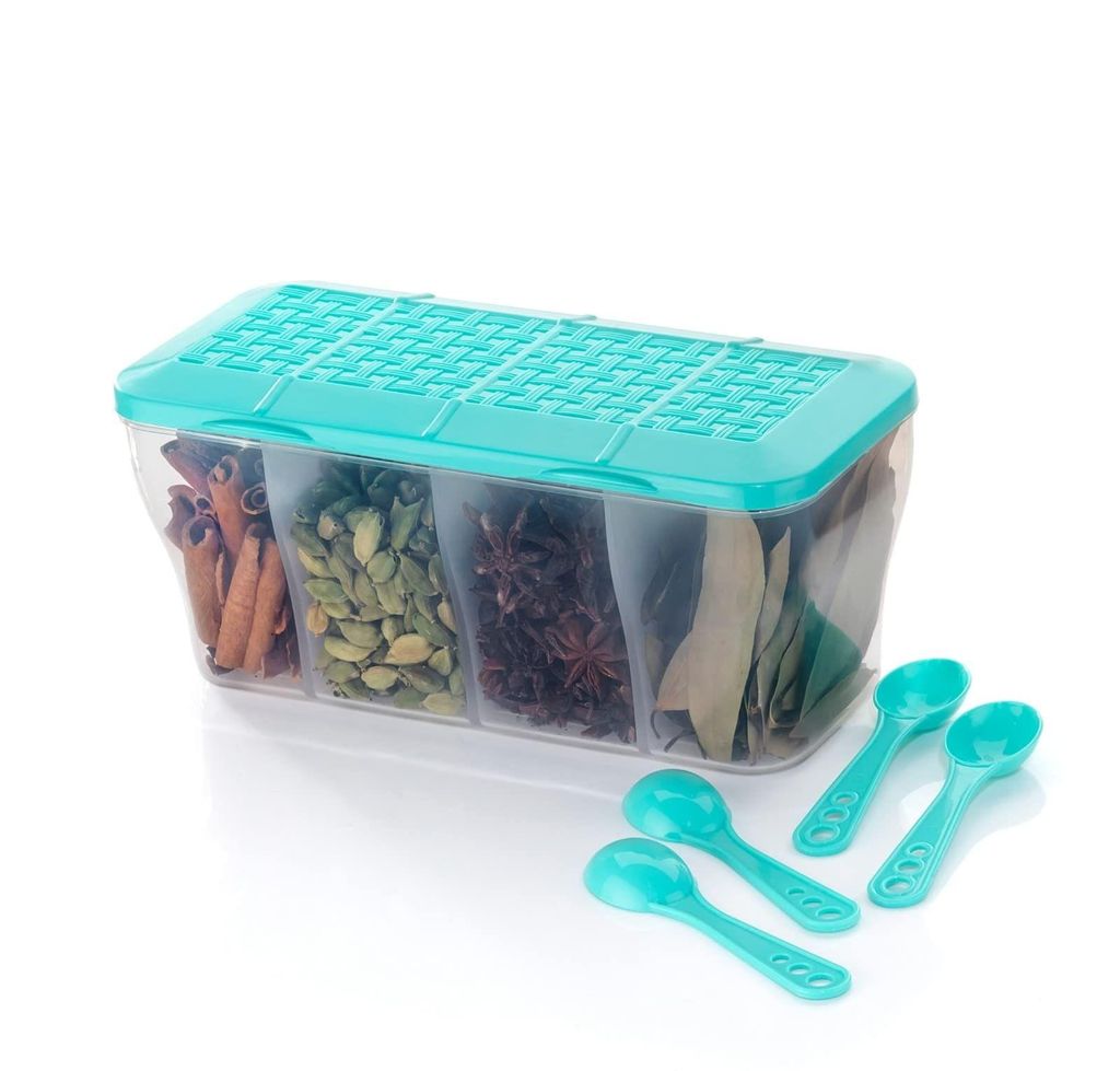 HAPPI Multipurpose Plastic 4 In 1 Masala Box for Kitchen, Spice Boxes for Kitchen, Transparent 4 Compartment Storage Containers Airtight Grocery,Cereal,Dry Fruits Dabba 1800 Ml with 4 Spoons(Green) view 2