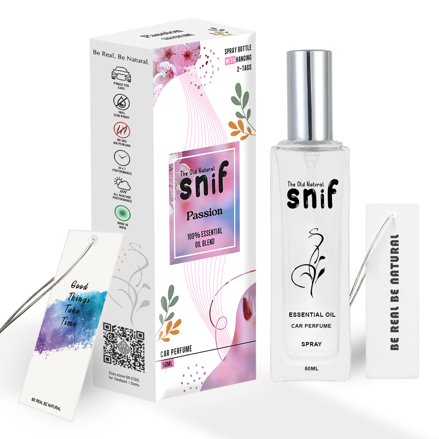 The Old Natural Spray Car Perfumes with Essential Oils Fragrance in Glass bottle with 2 Hanging Tags | Car Air Fresheners 50ml (Passion)