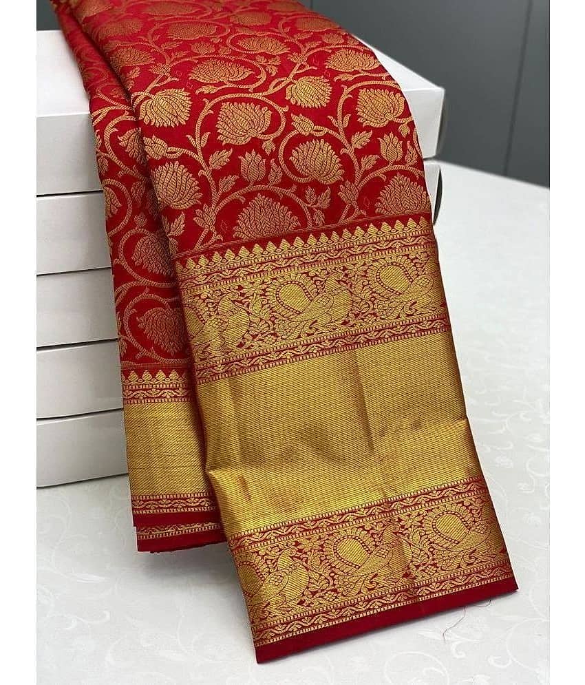 Om Shantam Sarees Art Silk Woven Saree With Unstitched Blouse Piece ( Red )