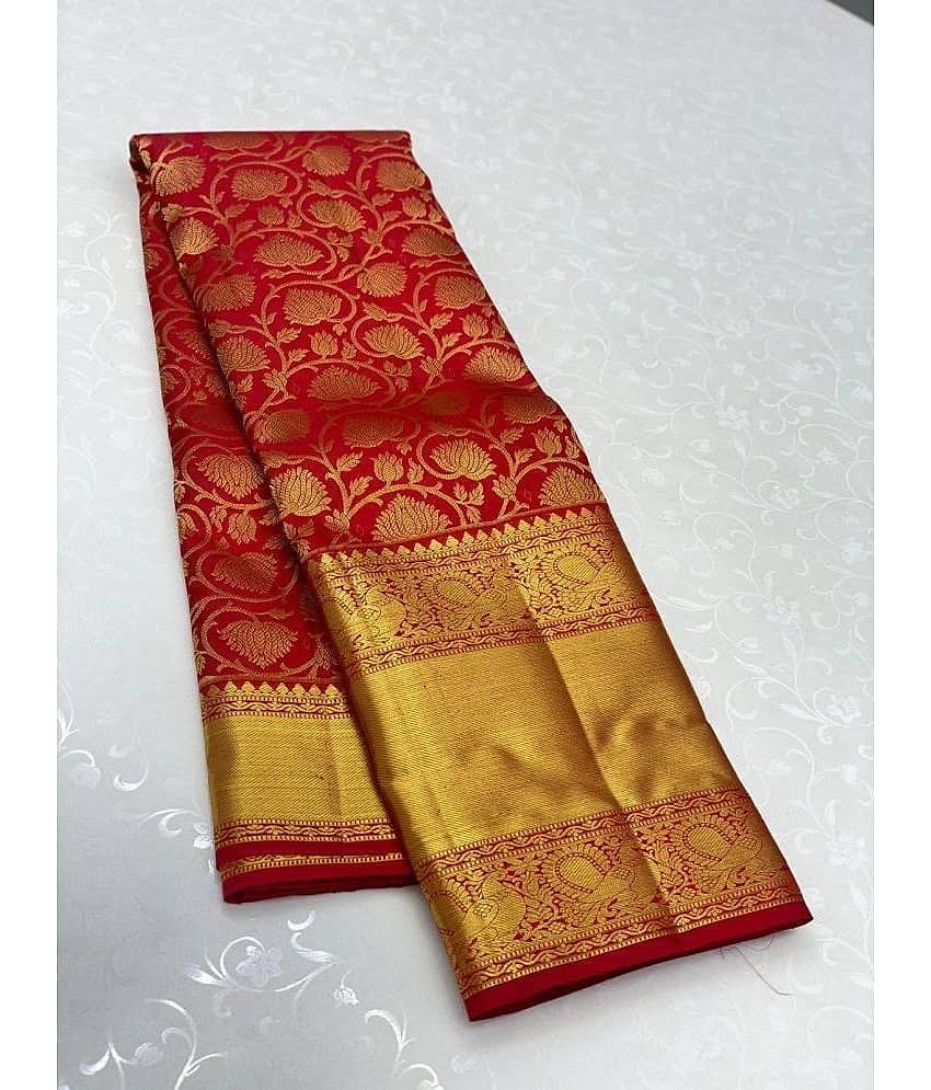 Om Shantam Sarees Art Silk Woven Saree With Unstitched Blouse Piece ( Red ) view 2