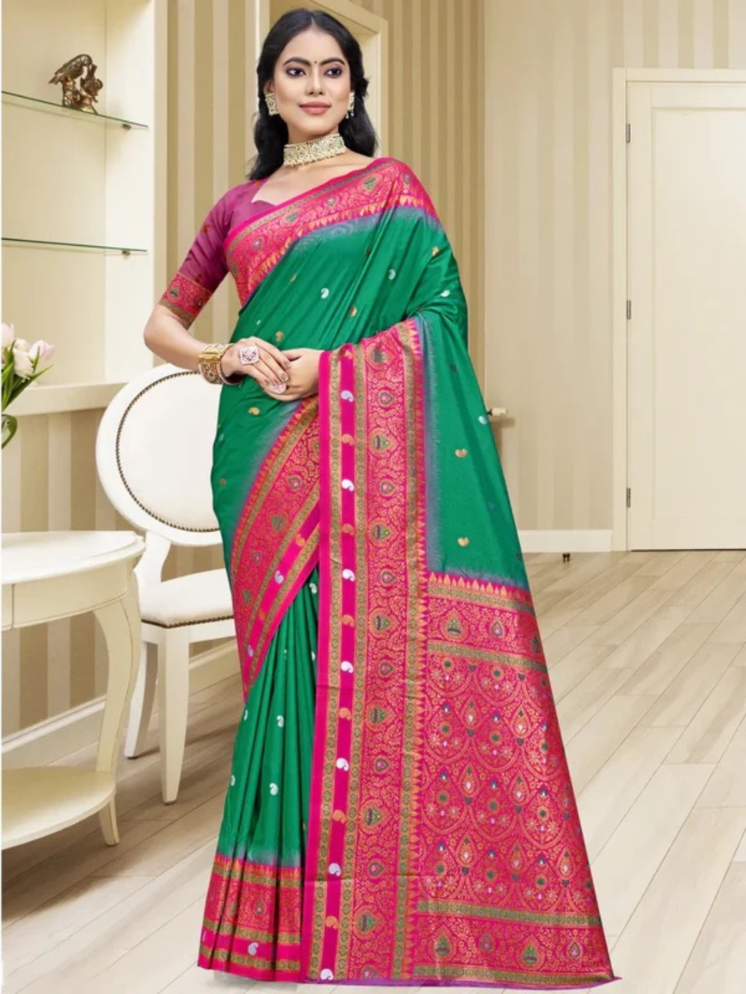 Teal Green Silk Saree view 2