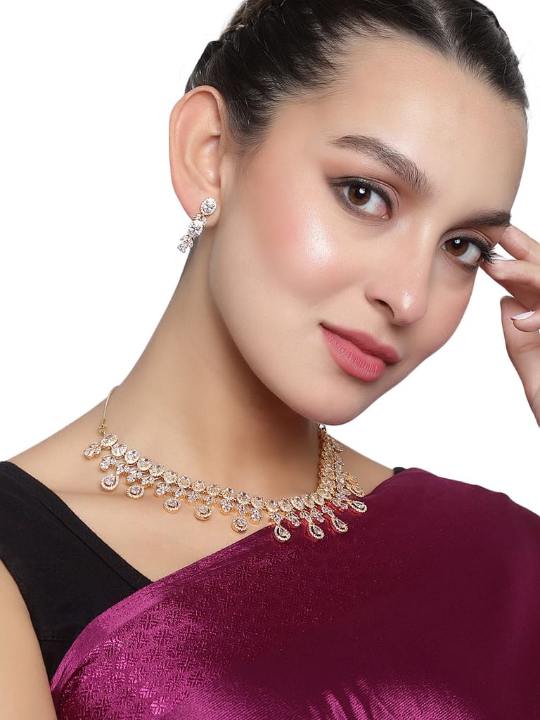 Cardinal Gold Plated White Stone American Diamond Necklace Set view 2