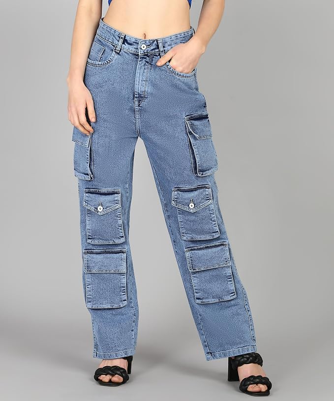 Glossia Fashion Women Cargo Jeans | High Waist Stretchable Loose Straight Fit Denim| Boyfriend Jeans for Women - Light Blue, 32 view 2