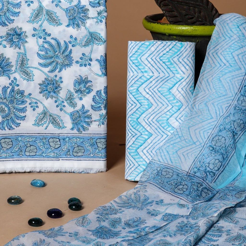 Designer Hand Block Print Pure Cotton Suit with Chiffon Dupatta (PCHF230) view 2