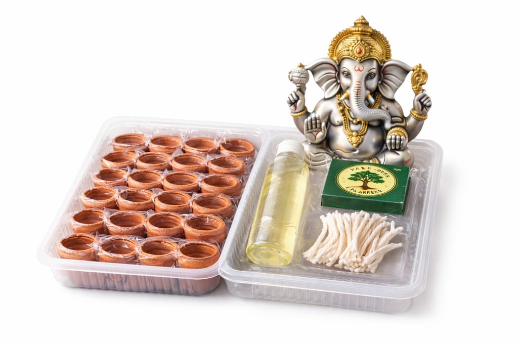 Lord Ganesh Diya Set (21 Pcs) Terracotta Diyas with Coconut Oil, Cotton Wicks & Matchbox for Vinayagar Pooja view 2