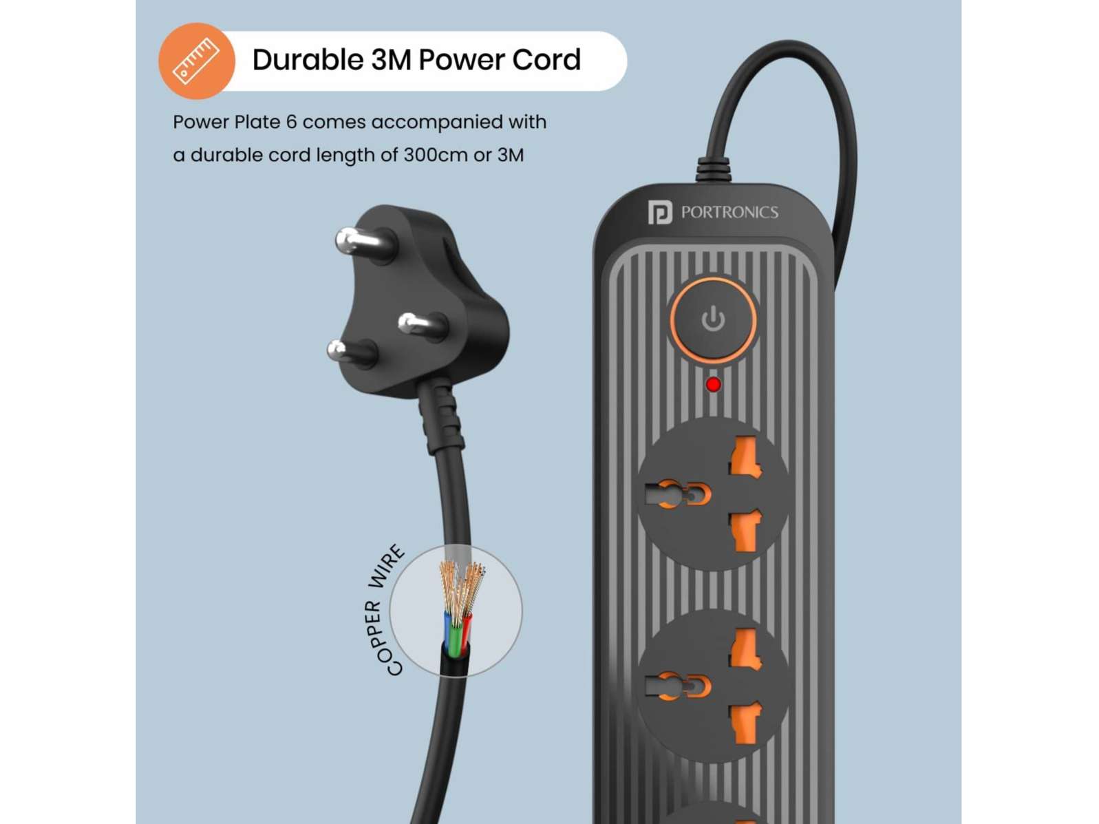 Portronics Power Plate 6 with 4 USB Port + 5 Power Sockets Extension Board, 2500W Power Converter, Cord Length 3Mtr view 2