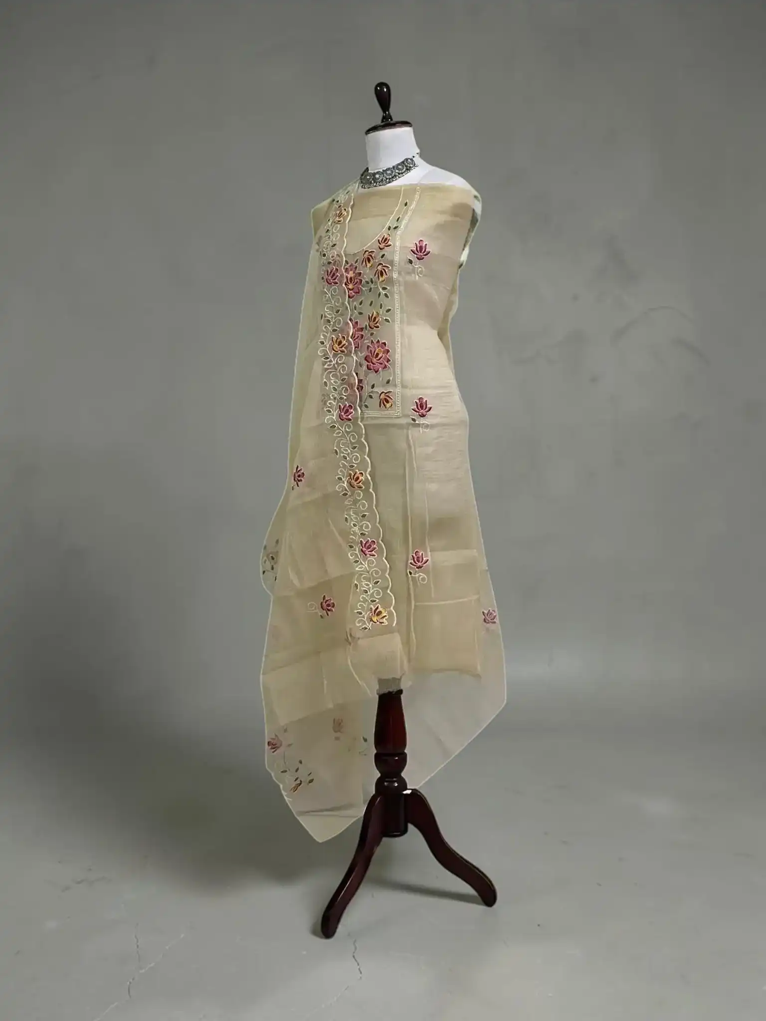 Handwoven Kota Doria Dress Material with Hand Embroidery, Biscuit Beige view 2