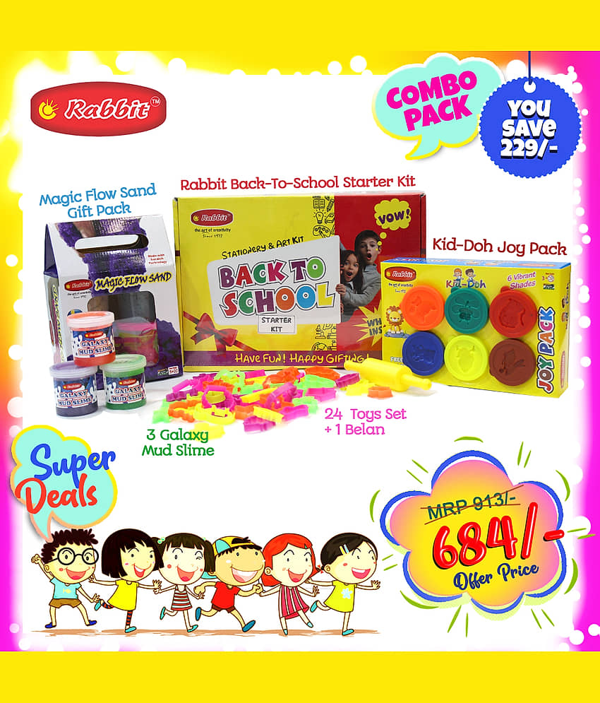 Rabbit Back To School Starter Kit + Kid Doh Joy Pack+ 24 Molding Toy Set & belan+ 3 Galaxy Mud Slime+ Magic FLow Sand Gift Pack|Kids Playing Sand| Kinetic Sand for kids with Shapes| Play Doh| Modelling dough for Kids|Stationery and Art Kit|Age 4+ view 2