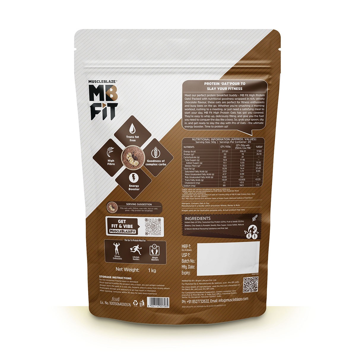 MuscleBlaze Fit High Protein Oats (Dark Chocolate, 1kg) 22g Protein, Breakfast Cereals for Weight Management view 2