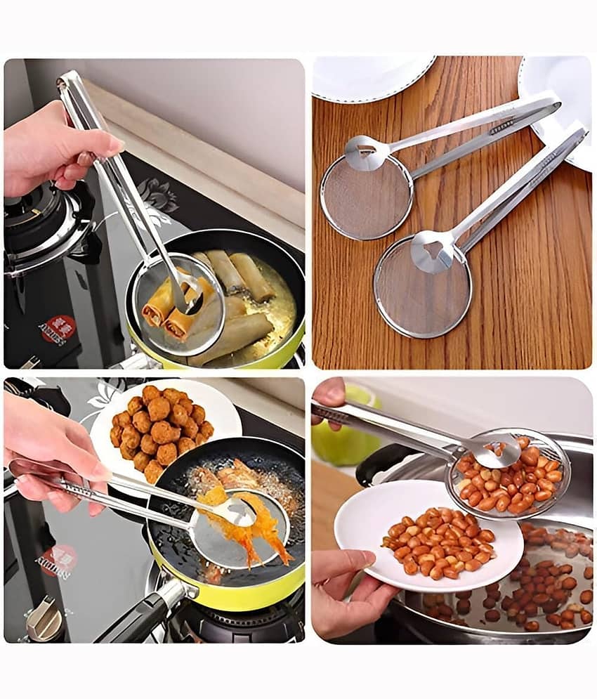 KRAMOX 2 in 1 Fry Tool Stainless Steel Filter Spoon with Clip Oil Strainer Tongs Mesh Colander for Deep Fry Cooking Frying Snacks Kitchen Utility Tool view 2