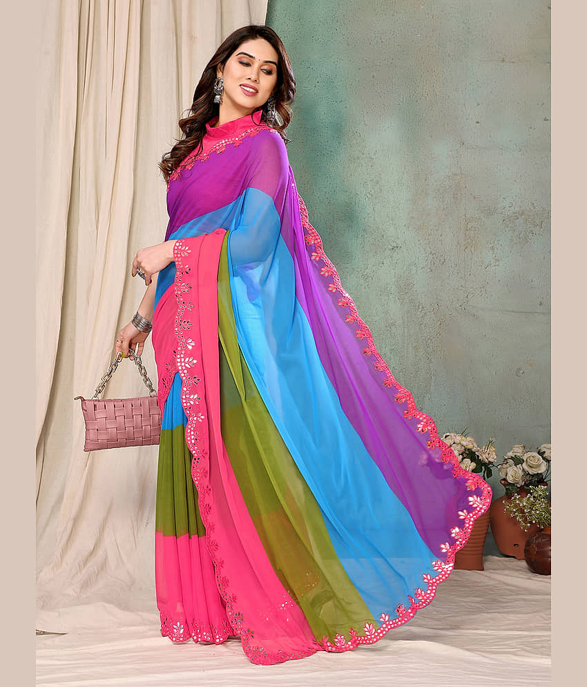 BLEESBURY Georgette Printed Saree With Unstitched Blouse Piece ( Multicolor ) view 2