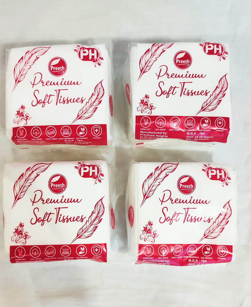 Preeth Premium Soft Tissue Papers for Home and Office, 80 Pulls -1 Ply, Size 27x 30cms -Ultra Soft & High Absorbent Pack Of 4, 320 Pulls (pack of 3)