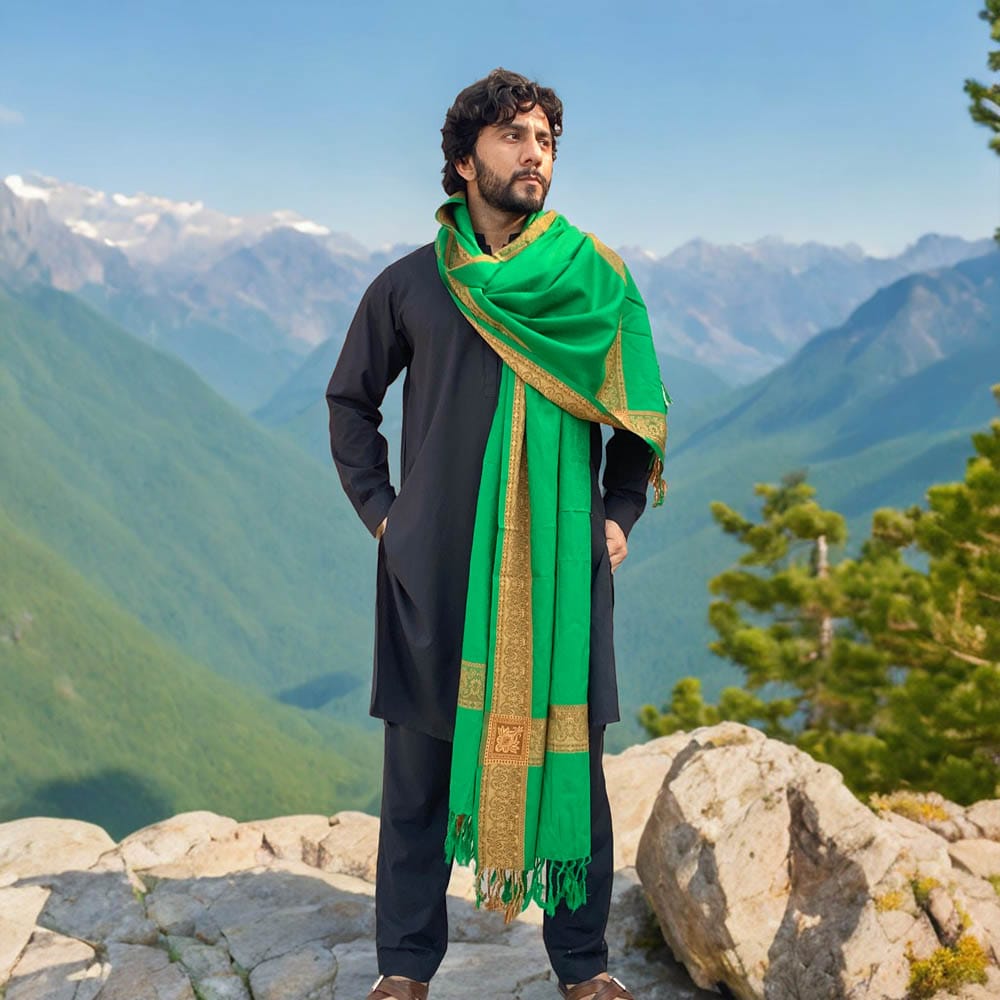 Green Acrowool Shawl: 4 Border Karbala Style Chadder view 2
