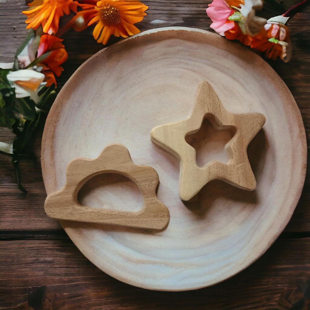 Neem Wood Teethers for Babies of Age 0 to 3 Years | Pure Organic Teething Toys for Infants | Star & Cloud Shapes view 2