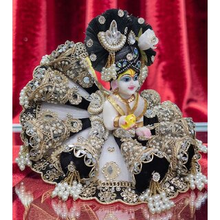 Designer Laddu Gopal Ji Dress with Pearl Tassels, Stone Work | Black Silver Deity Outfit view 2