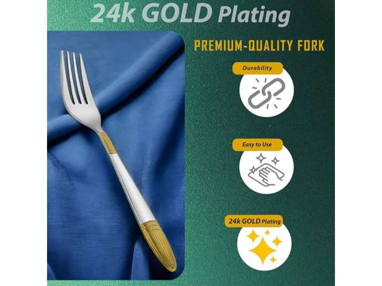 Parage 6 Pieces Stainless Steel 24k Golden Dinner Forks Set, 16 cm Premium Cutlery Set for Home & Kitchen,24 Karat Gold Plated Forks, Ivory Design view 2