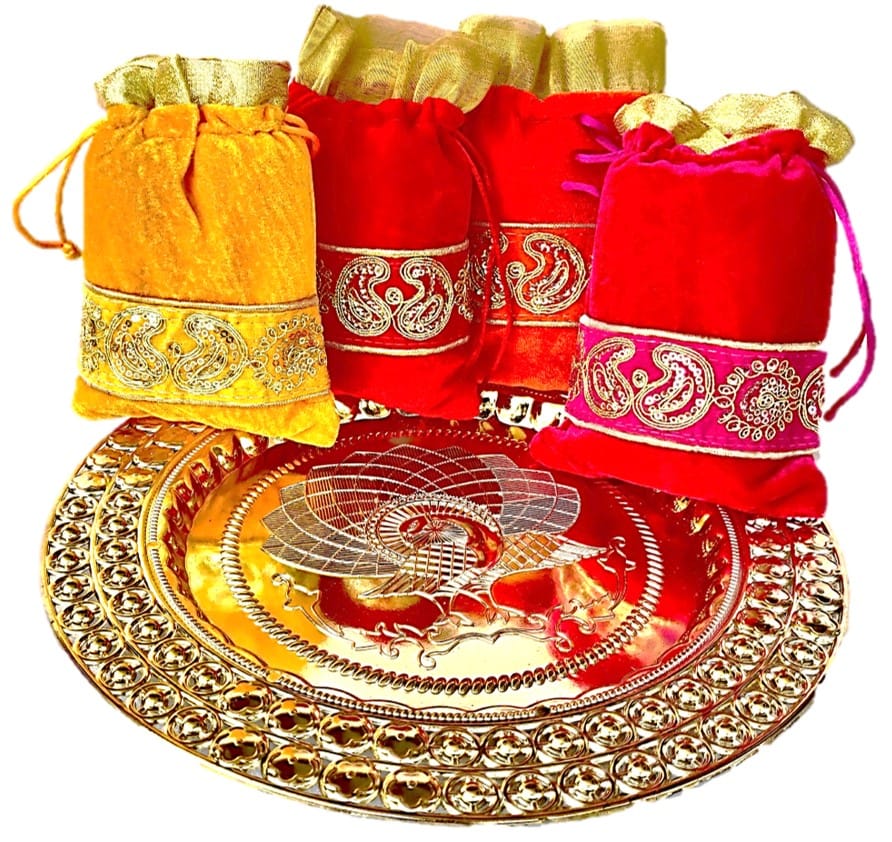 Omkar by R3 Inc. Gold Gift Plate with Shagun Potli for Gifts Hampers | Fancy Hamper| Wedding Basket / Pouch for gift Packing (Pack of 5) view 2