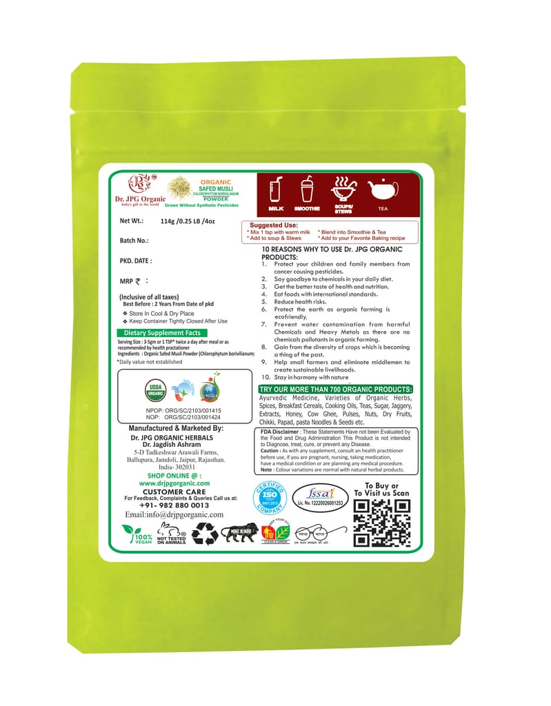 Dr. JPG Organic Herbals Safed Musli Powder-114g-Chlorophytum Borivilianum-INDIA ORGANIC Certified-100% Organic view 2
