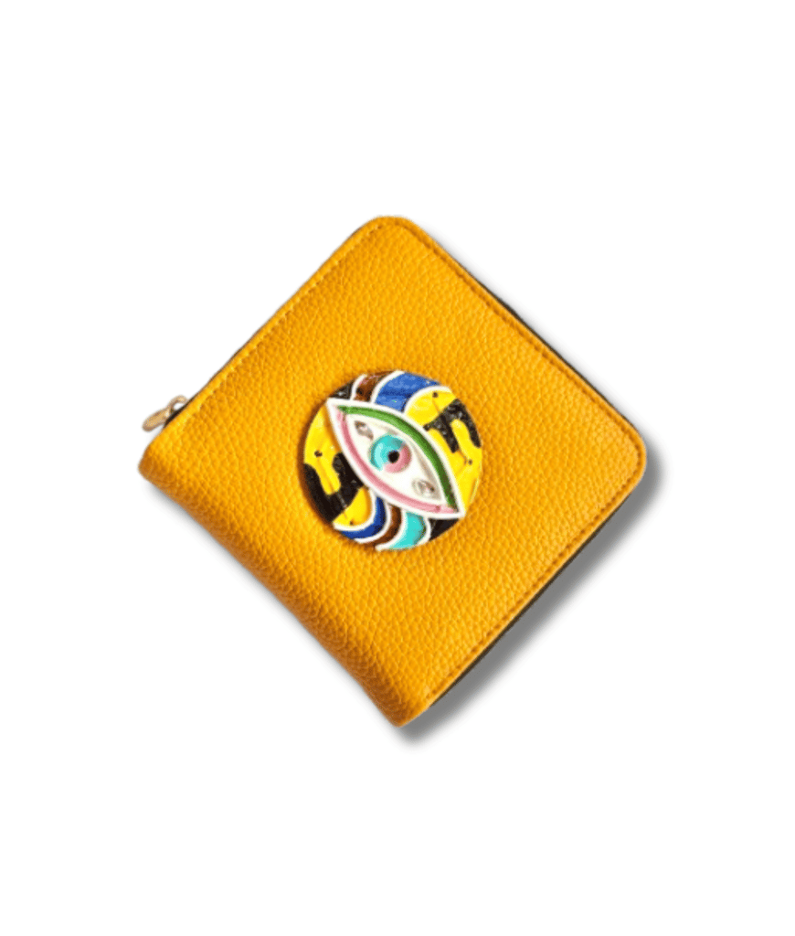 Yellow Evil Eye Mini Lippan Art Handcrafted Wallet view 2