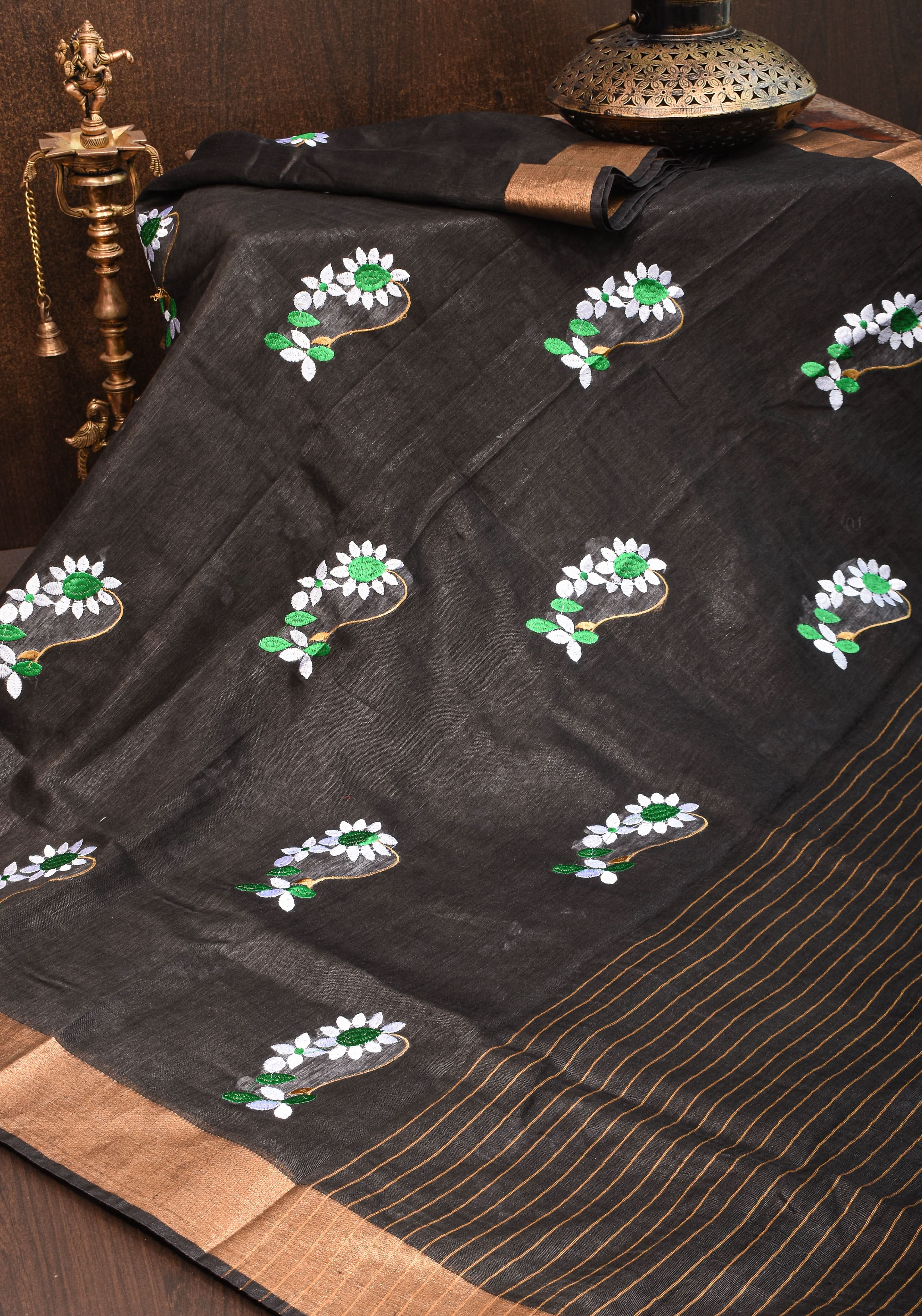 Black Silk Linen Moti Nath Embroidery and Woven zari Borders and Long Tassels view 2