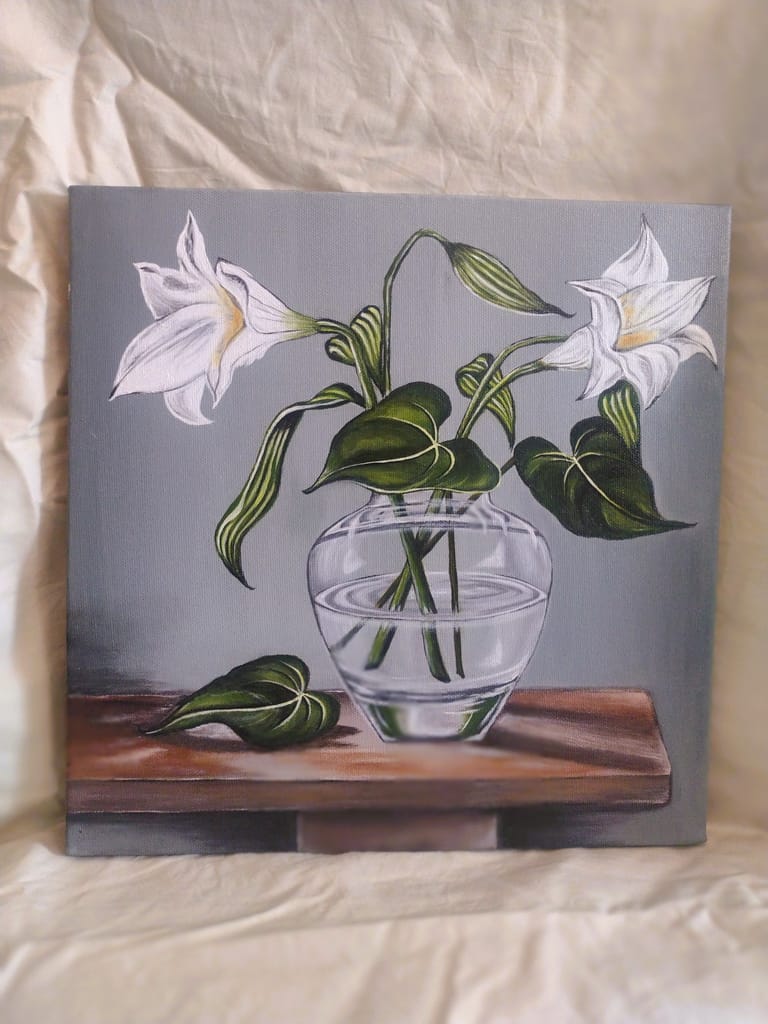 Handmade Acrylic Canvas Painting with in-built frame - "White Lilies in a Vase"