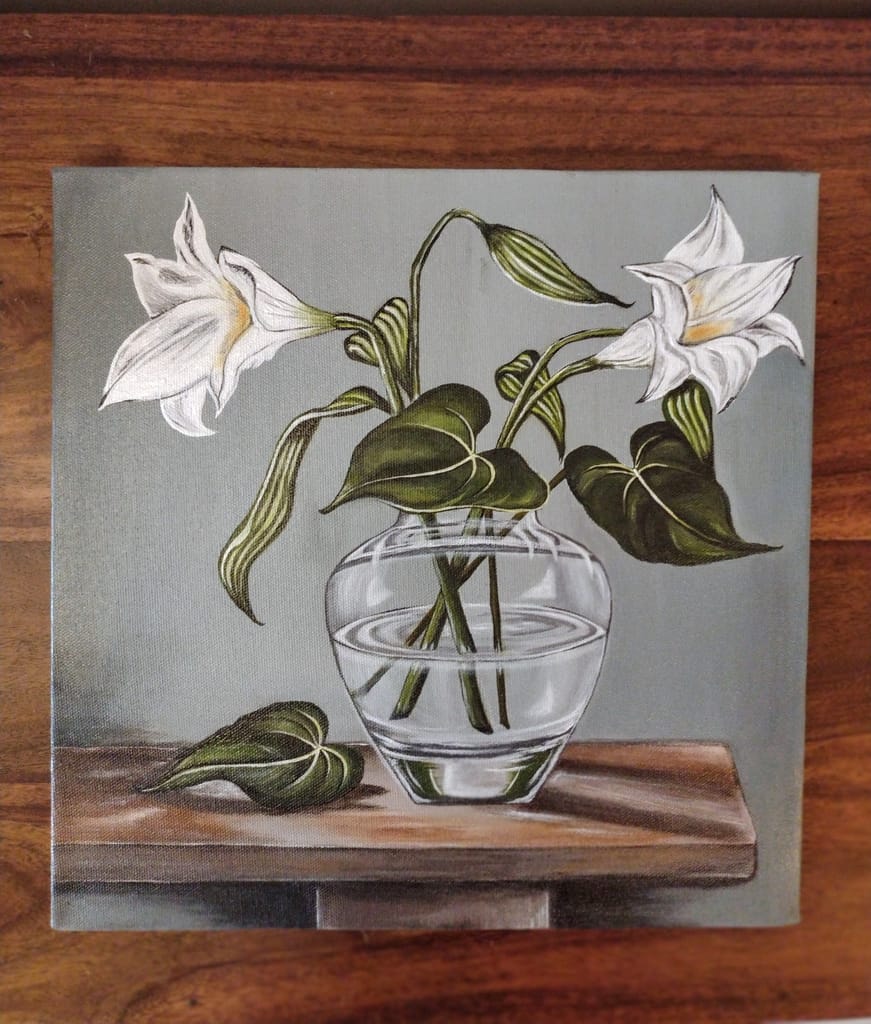 Handmade Acrylic Canvas Painting with in-built frame - "White Lilies in a Vase" view 2