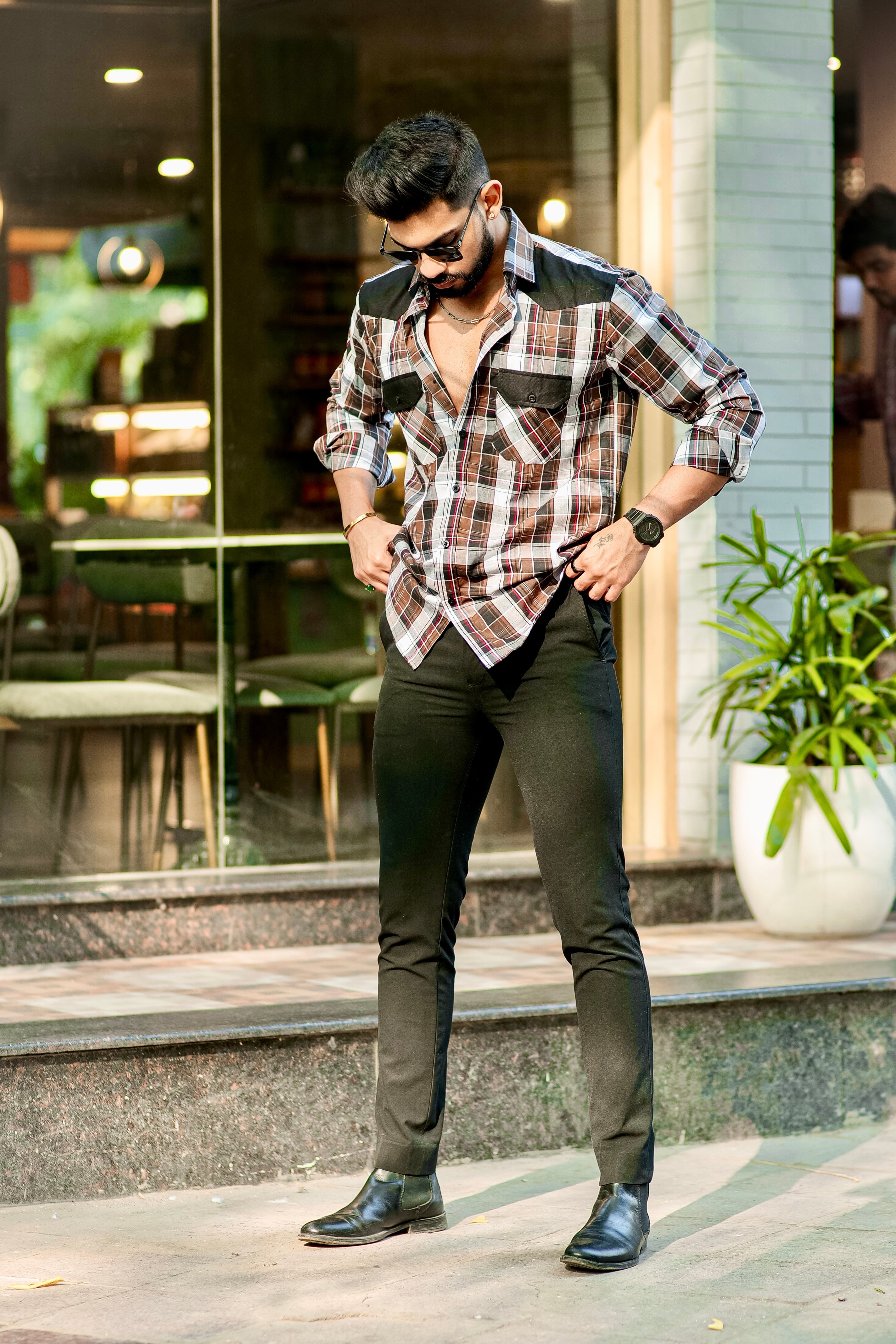 Brown Designer Double Pocket Full Sleeve Check Shirt view 2