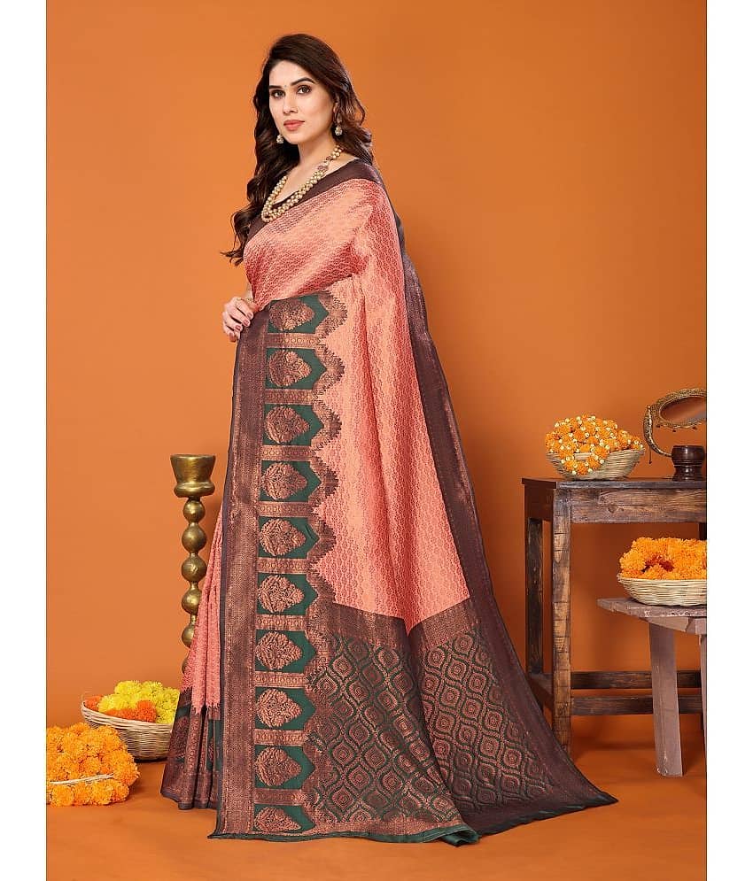 BLEESBURY Kanjivaram Woven Saree With Unstitched Blouse Piece ( Peach ) view 2
