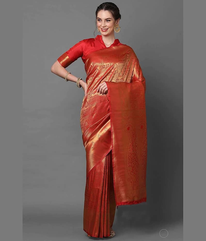 GARIYA Banarasi Silk Embellished Saree With Unstitched Blouse Piece ( Red )