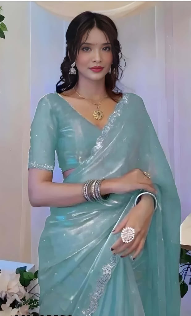Women's Sky Blue Organza Silk Saree with Sequins Work | Designer Party Wear Saree with Matching Blouse Piece | Elegant Ethnic Wear view 2