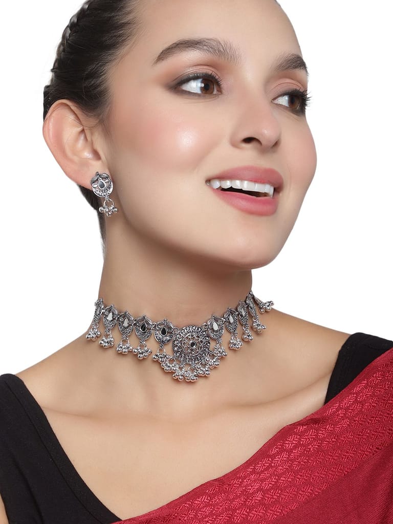 Cardinal Oxidized Silver Color Mirror Choker Necklace Set view 2