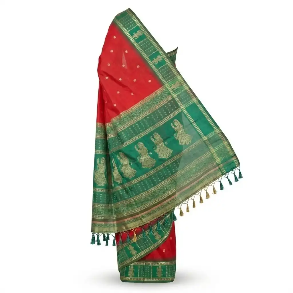 Sambalpuri Red Golden Heritage Ikat Handloom Saree view 2