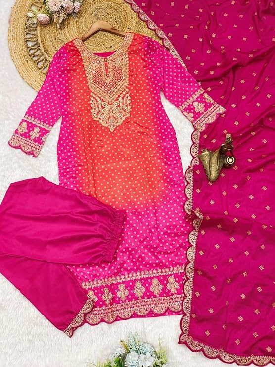 Womens Pink & Orange Embroidered Kurta Set with Dupatta and Pants Traditional Ethnic Kurta Suit for Wedding, Festive, Party, Diwali, Engagement, Indian Occasion Outfit view 2
