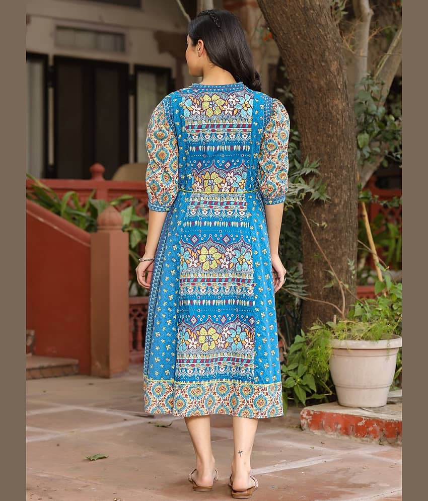 Juniper Women Cotton Printed Fit & Flare Dress ( Blue ) view 2