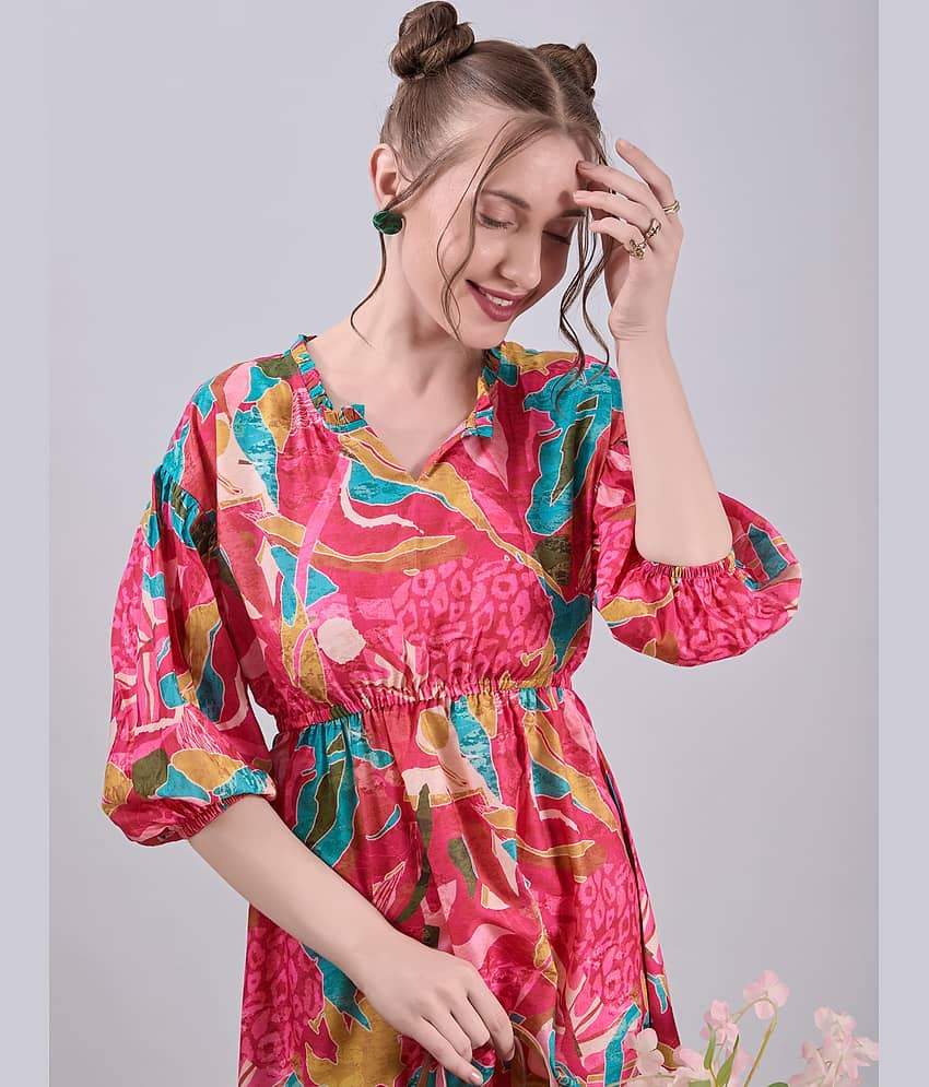 Amarasha Women Cotton Blend Printed Fit & Flare Dress ( Pink ) view 2
