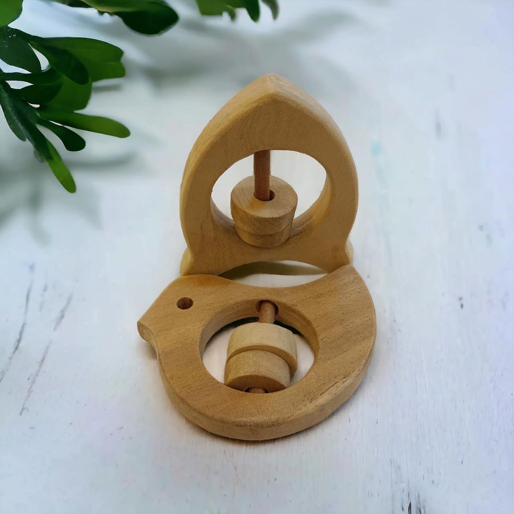 Baby Neem Wooden Rattles | Sound Making Infant Toys for 0 to 3 Year Kids| Pure & Organic Healthy Wooden Toys Set of 2 | Dove & Rocket Shapes view 2
