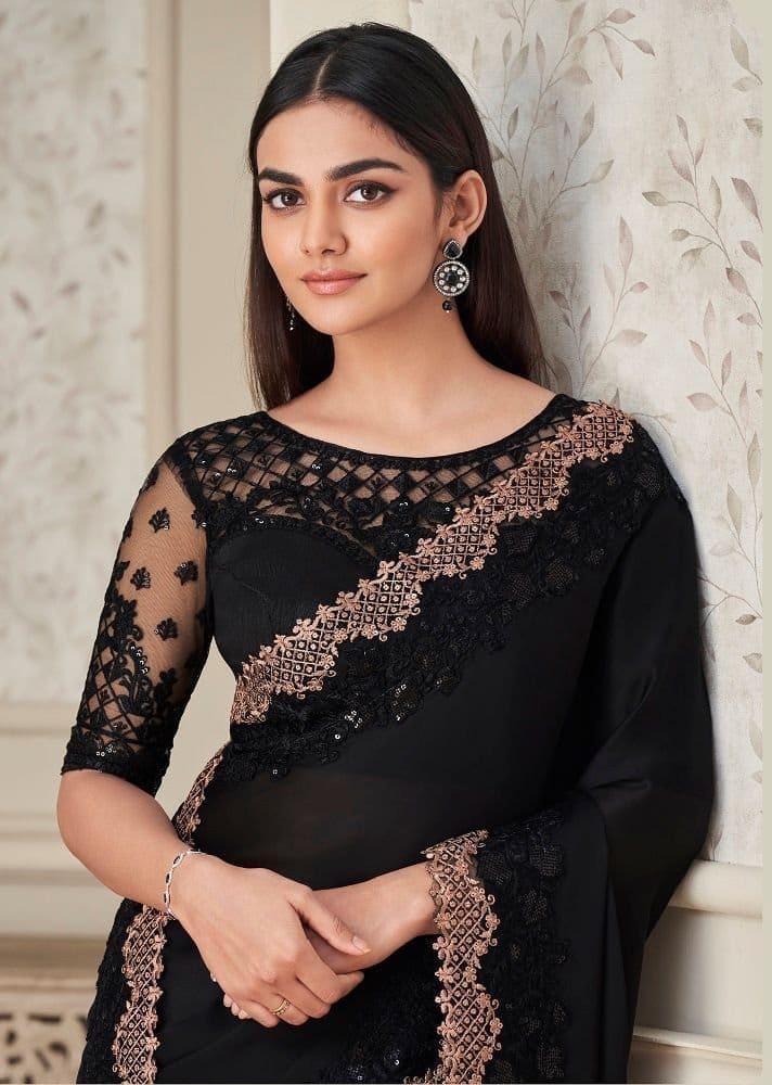 Embroidered Satin Georgette Saree in Black view 2