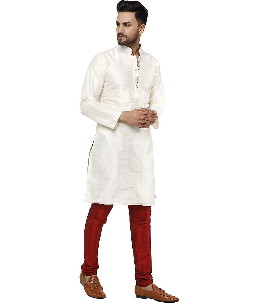 SKAVIJ Off-White Silk Blend Kurta Pyjama Set view 2