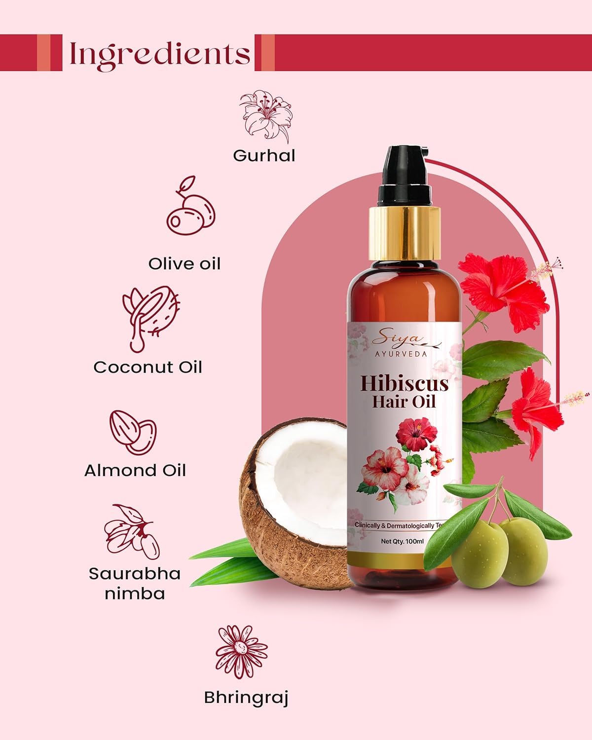 Siya Ayurveda Hibiscus Oil - Ayurvedic Oil for Hair Growth, Natural Hair Care, Improve Scalp Health, and Frizz Control - Herbal Solution for Damaged Hair | Hair Nourishment, 100 ml view 2