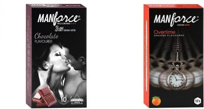 MANFORCE Chocolate flavor condom - 10 Pieces & 3 in 1 Condoms (Ribbed Contour Dotted) Overtime Orange Flavoured- 10 Pieces Condom (Set of 2 20 Sheets) view 2